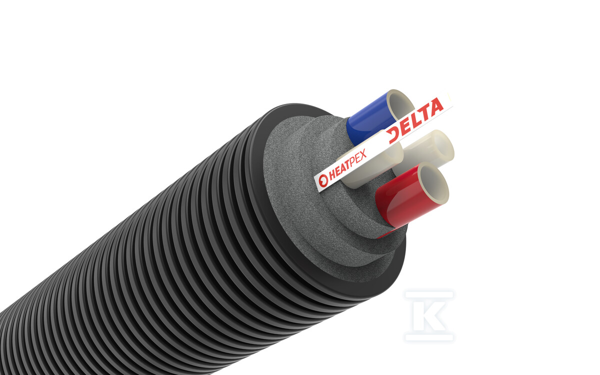 Rura preizolowana poczwórna DELTA PEX HQ 2×32 PN6 + 2×25 PN10 / 160, do instalacji c.o. oraz c.w.u., izolacja cieplna z pianki PE, karbowany płaszcz zewnętrzny HDPE 76116003200W