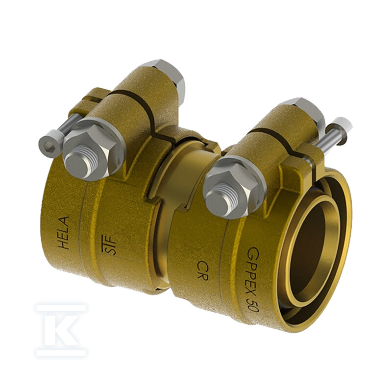 Złączka mosiężna prosta HELA-S 110×15.1mm PN10 ze złączkami zaciskowymi typu H na przelocie, do rur preizolowanych Pex/PE, oznaczenie: S 110-10 62111000400T