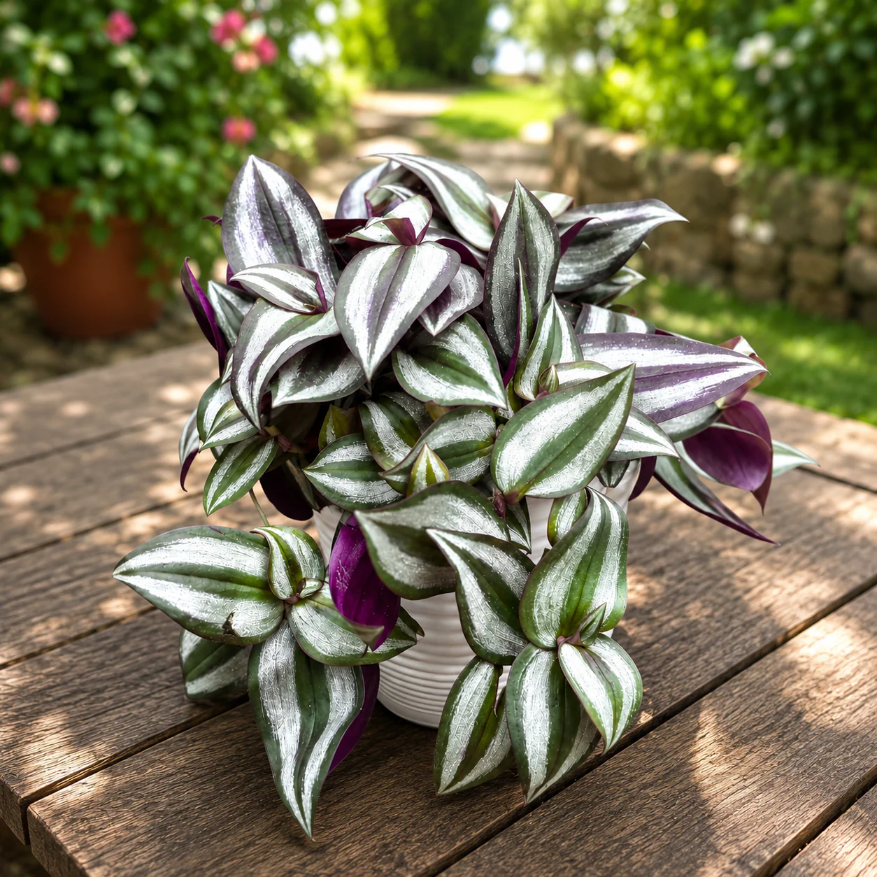 Tradescantia zebrina ‘Violet Hill’ – planta curgatoare cu frunze argintii si violet intens