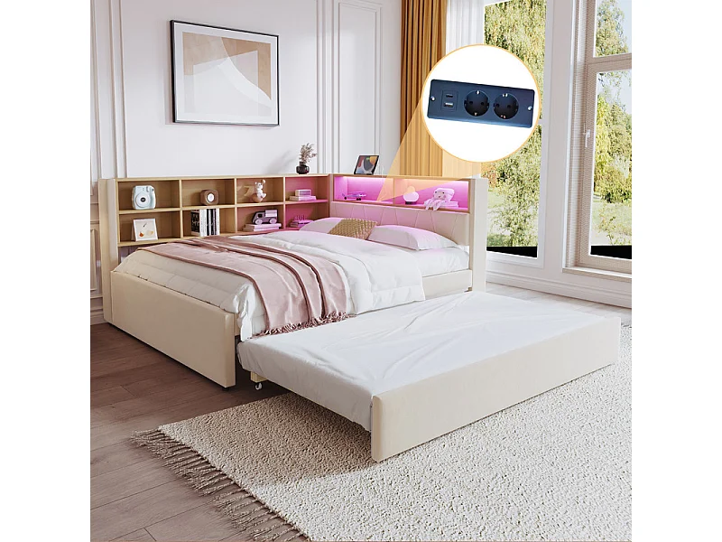Kanapa rozkładana 140×200 – z łóżkiem wysuwanym 90×190 cm – z gniazdem USB – liczne schowki – tapicerowane łóżko – beżowe (materac nie wchodzi w skład) 4008779