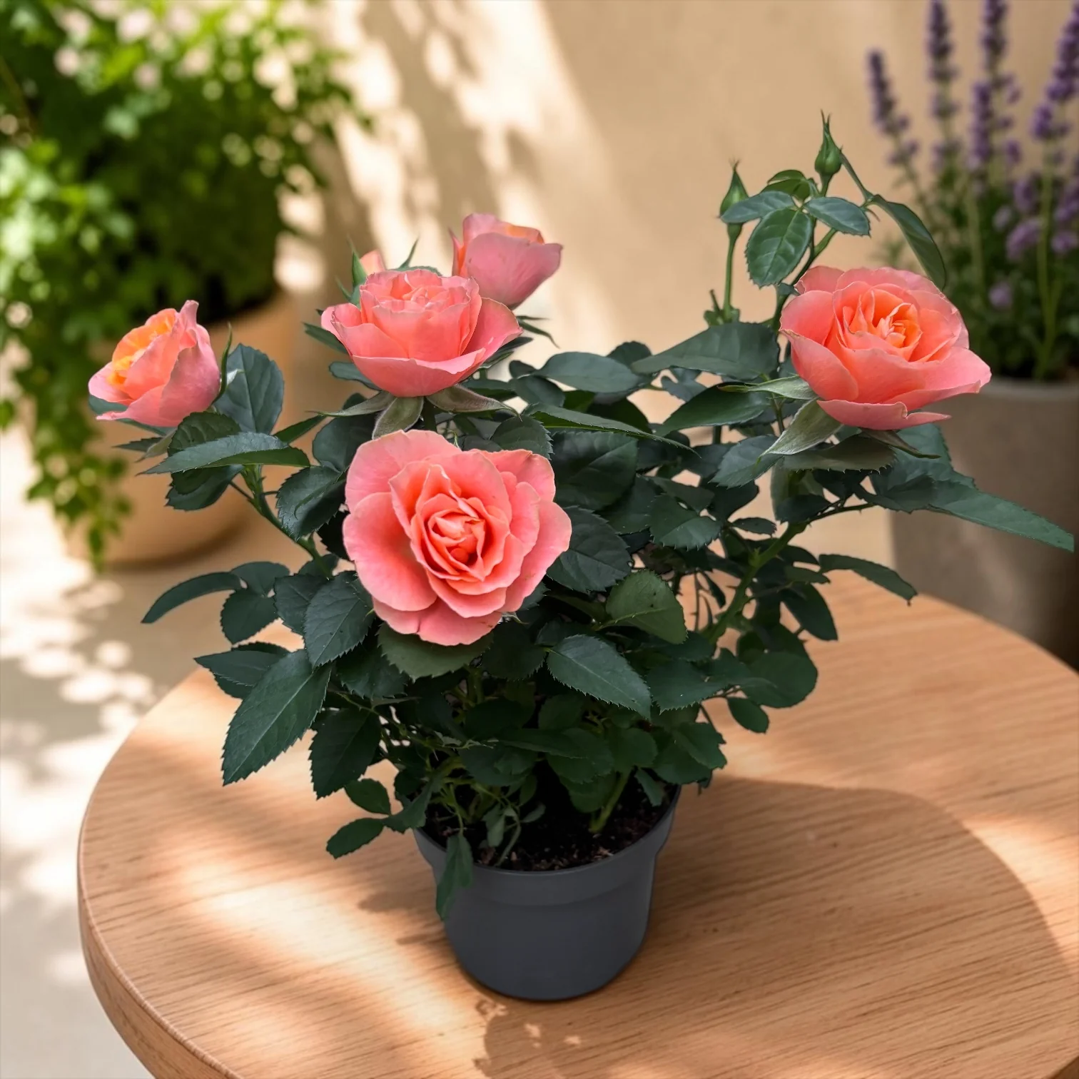 Rosa 'Souvenir’ (Grande Kordana) – trandafir pitic cu flori mari somon-roz