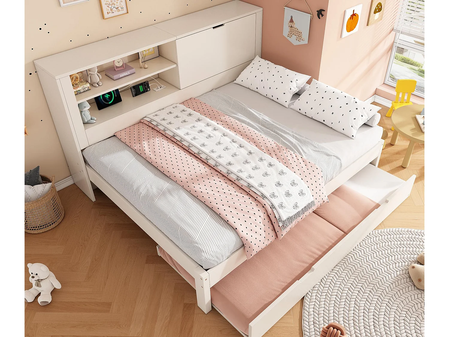 Kanapa rozkładana 140x190cm – z łóżkiem chowanym – z USB/Type-C – z 1 drzwiami i przegródką do przechowywania – biały​ (materac nie jest wliczony w cenę) 4853491