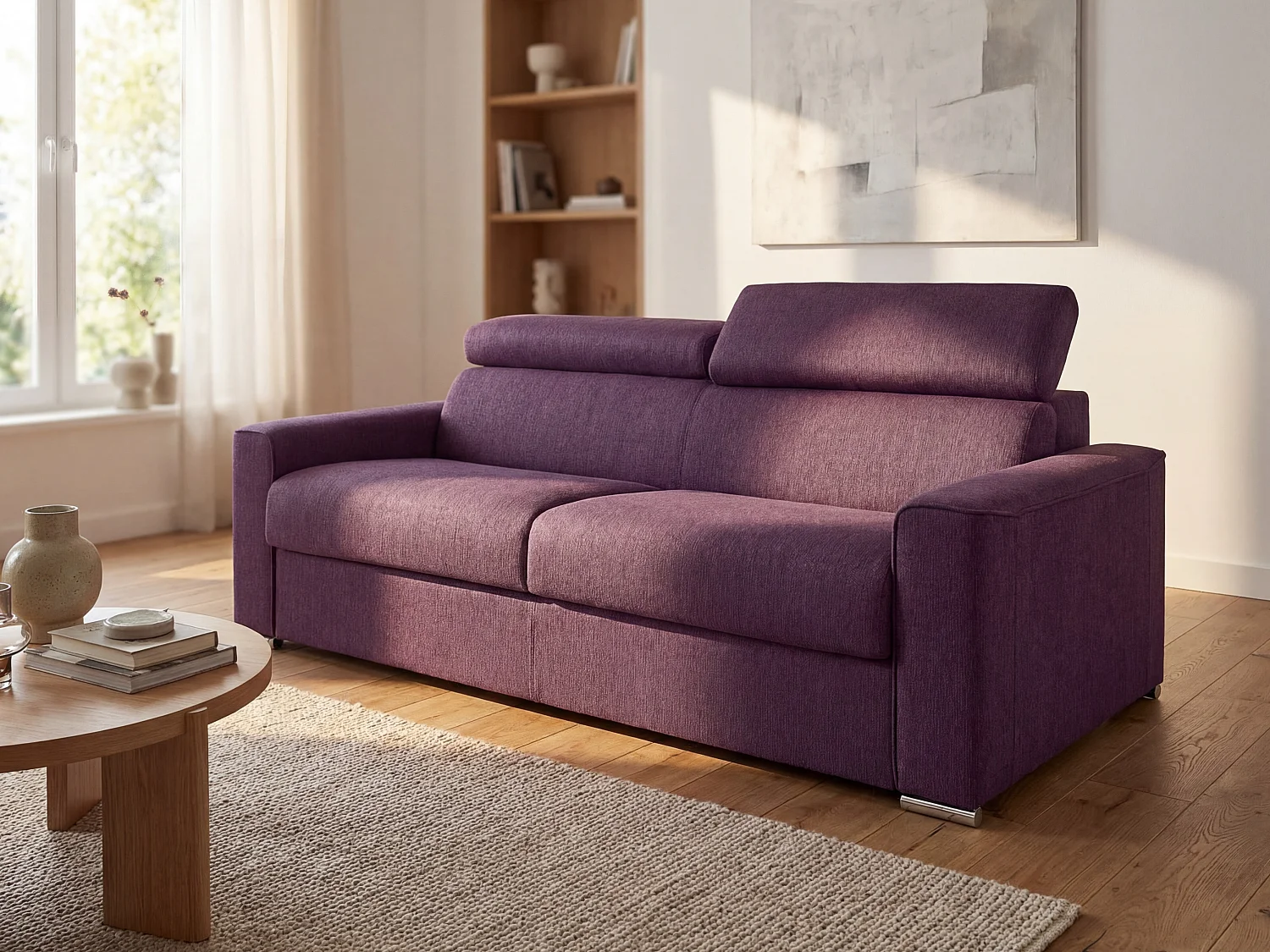 Kanapa rozkładana 4-osobowa VIZIR typu express z tkaniny – kolor fioletowy – pow. spania z szerokimi listewkami 160 cm – materac 22 cm z pamięcią kształtu 137839