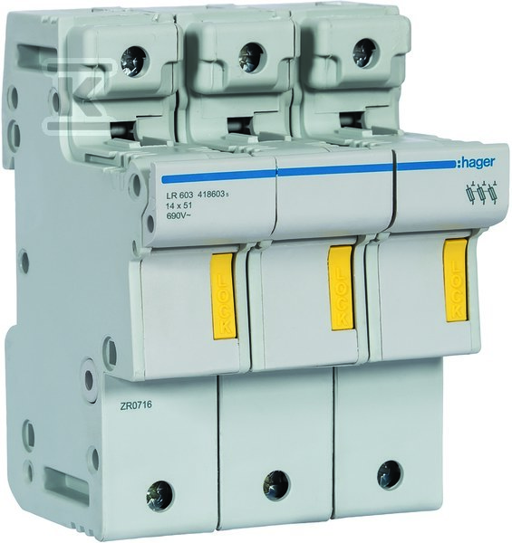 Podstawa bezpiecznikowa modułowa 3P do wkładki bezpiecznikowej cylindrycznej L51 14×51 mm 50A 690VAC LR603