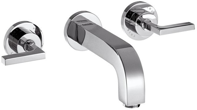 Bateria umywalkowa ścienna Hansgrohe Axor Citterio trzyotworowa podtynkowa z uchwytami jednoramiennymi z rozetami, wylewki 226 mm DN15 chrom 39147000
