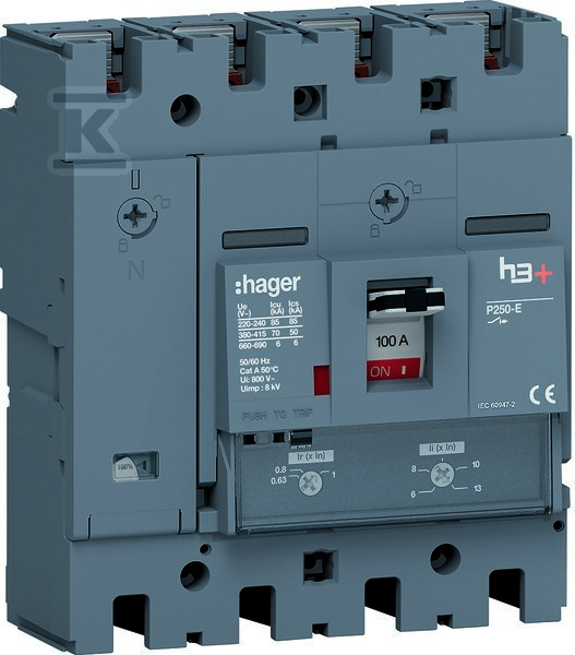 Wyłącznik mocy h3+ P250 4P 100A 70kA TM HET101DR