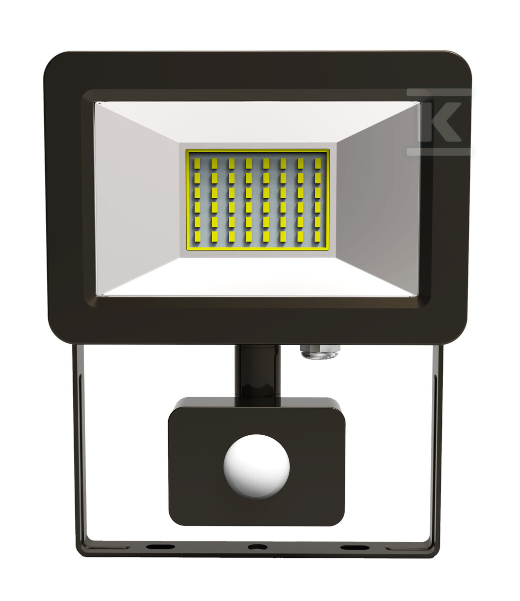 Naświetlacz LED, 154x190x32 IP65 230V 30W 2400lm 4000K czarny z regulowanym czujnikiem ruchu i zmierzchu z przewodem i regilowanym uchwytem montażowym, małe gabaryty, klasa ochronności II OPR-2522