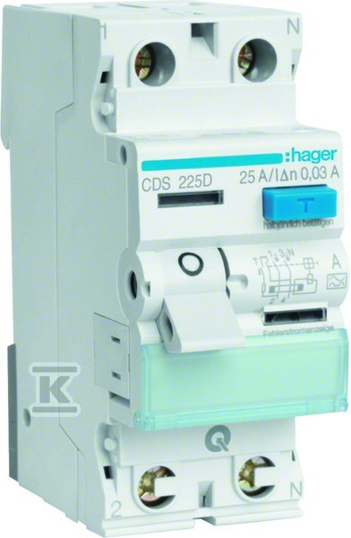 Wyłącznik różnicowoprądowy 1P+N 25A/30mA Typ A QuickConnect CDS225D