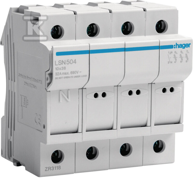 Podstawa bezpiecznikowa modułowa 3P+N do wkładki bezpiecznikowej cylindrycznej L38 10×38 mm, 32A 690VAC LSN504