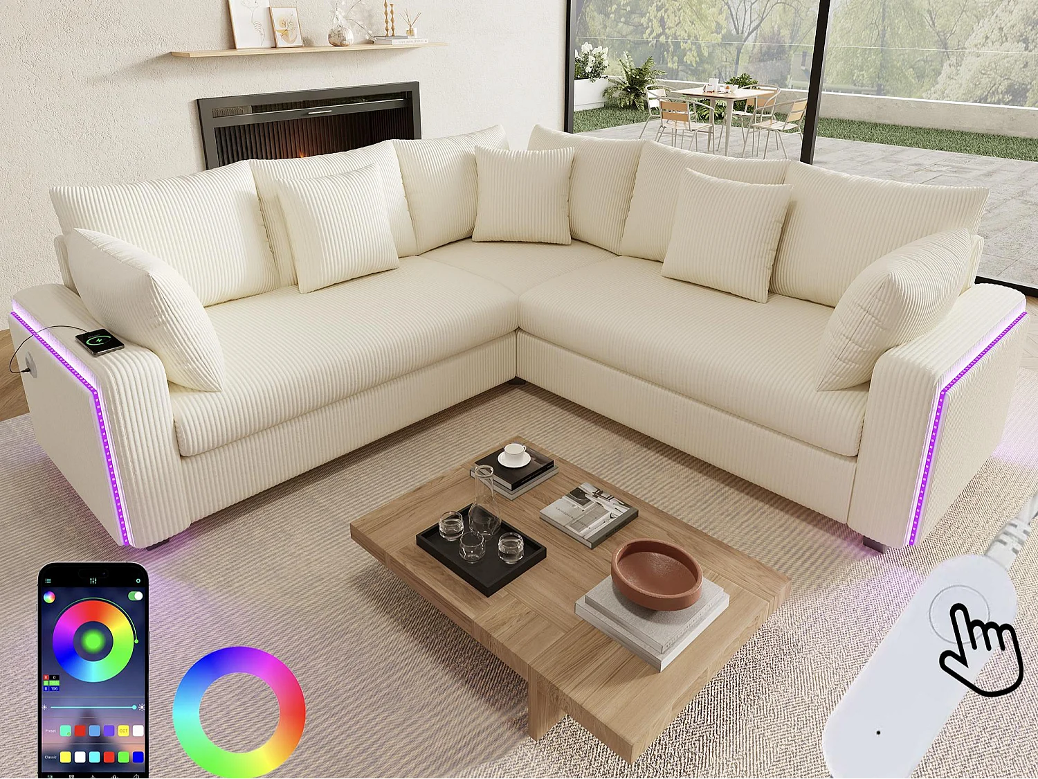 Kanapa narożna w kształcie litery L – 4 osoby – z oświetleniem LED – port ładowania USB – welur prążkowany – beżowy 4900577