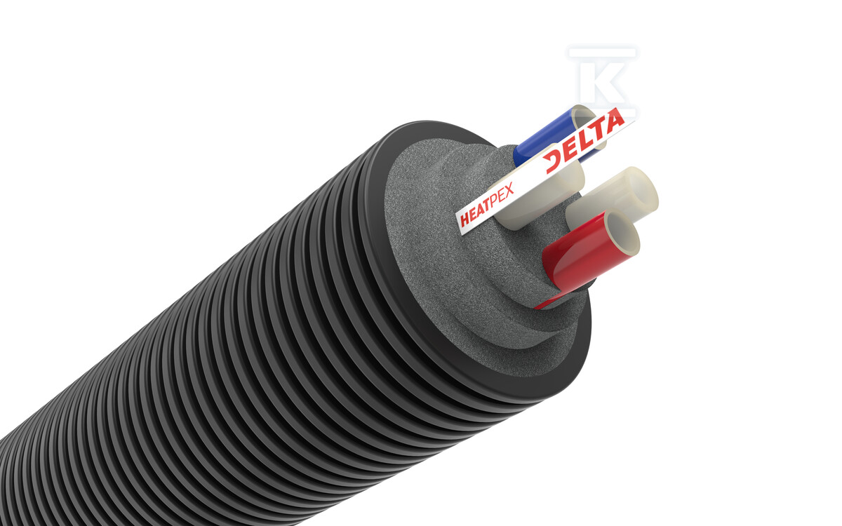 Rura preizolowana poczwórna DELTA PEX HQ 2×25 PN6 + 2×25 PN10 / 160, do instalacji c.o. oraz c.w.u., izolacja cieplna z pianki PE, karbowany płaszcz zewnętrzny HDPE 76116002500W
