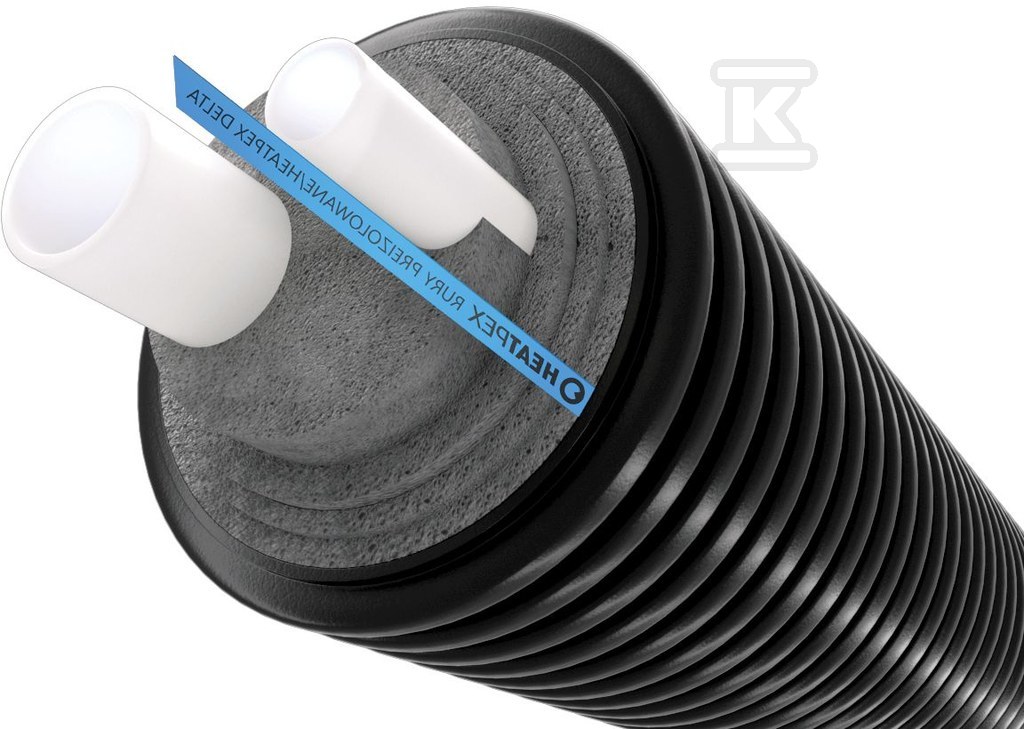 Rura preizolowana podwójna DELTA PEX SANI DUO 25+25×125, PN10, do instalacji c.w.u., izolacja cieplna z pianki PE, karbowany płaszcz zewnętrzny HDPE 71012522500W