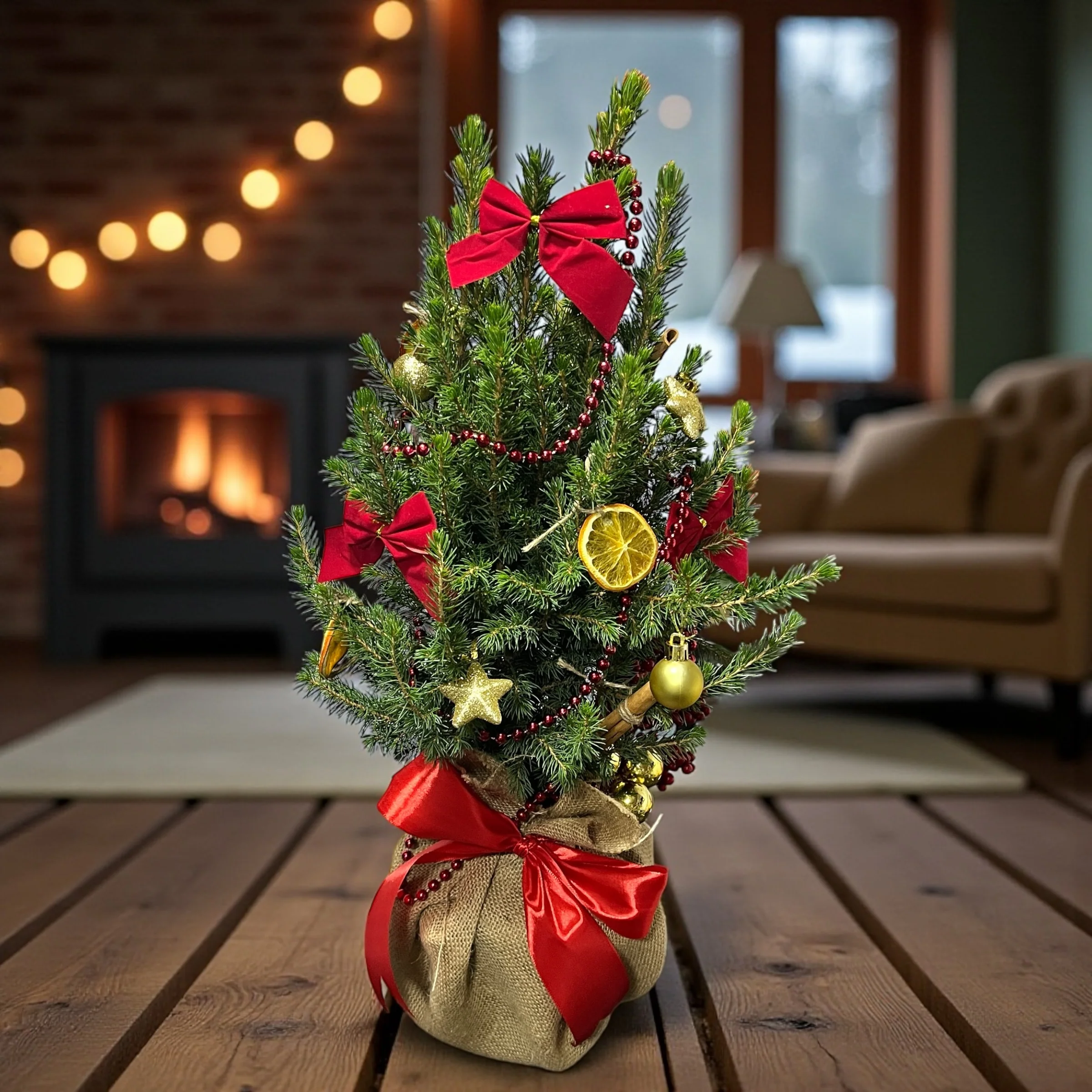 Bradut „Classic Red Gift” – bradut natural decorat in stil traditional, impachetat de cadou