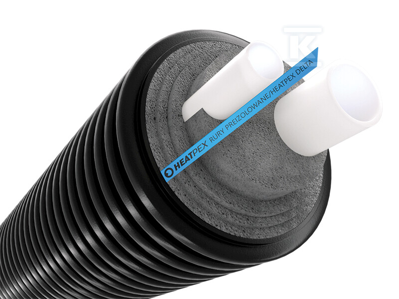 Rura preizolowana podwójna DELTA PEX SANI DUO 63+40×200, PN10, do instalacji c.w.u., izolacja cieplna z pianki PE, karbowany płaszcz zewnętrzny HDPE 71020006340W