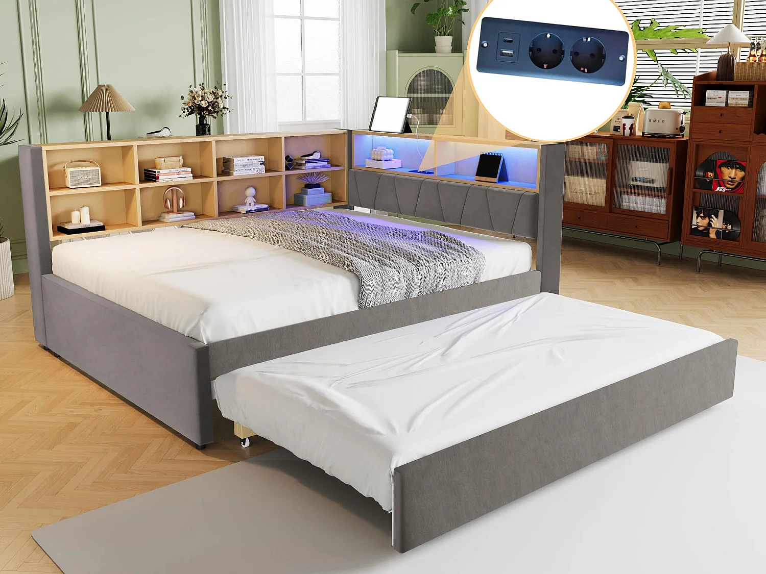 Kanapa rozkładana 140×200 – z łóżkiem wysuwanym 90×190 cm – z gniazdem USB – liczne schowki – tapicerowane łóżko – ciemnoszary (materac nie wchodzi w skład zestawu) 4008780