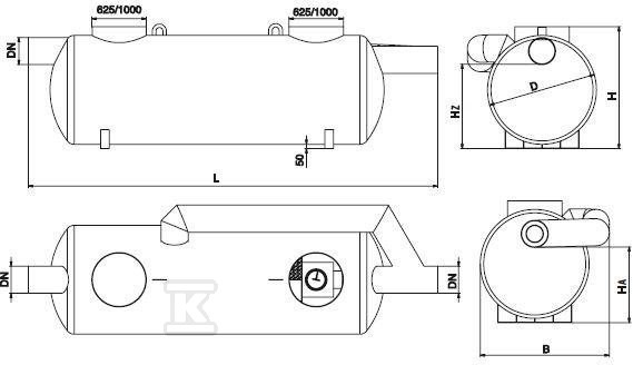 Separator koalescencyjny stalowy AQUAFIX SKG2BP 150 z osadnikiem i 10-krotnym by-passem, przepust. nom. 150 l/s, maks. 1500 l/s, poj. os. 16890 l, króćce stal 184150