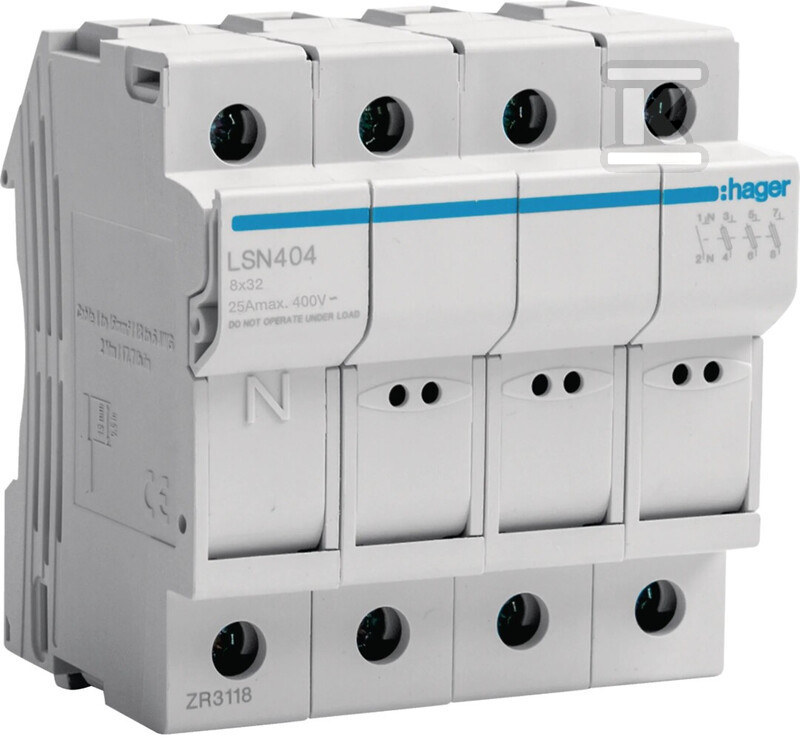 Podstawa bezpiecznikowa modułowa 3P+N do wkładki bezpiecznikowej cylindrycznej L32 8X32 mm, 25A 400VAC LSN404