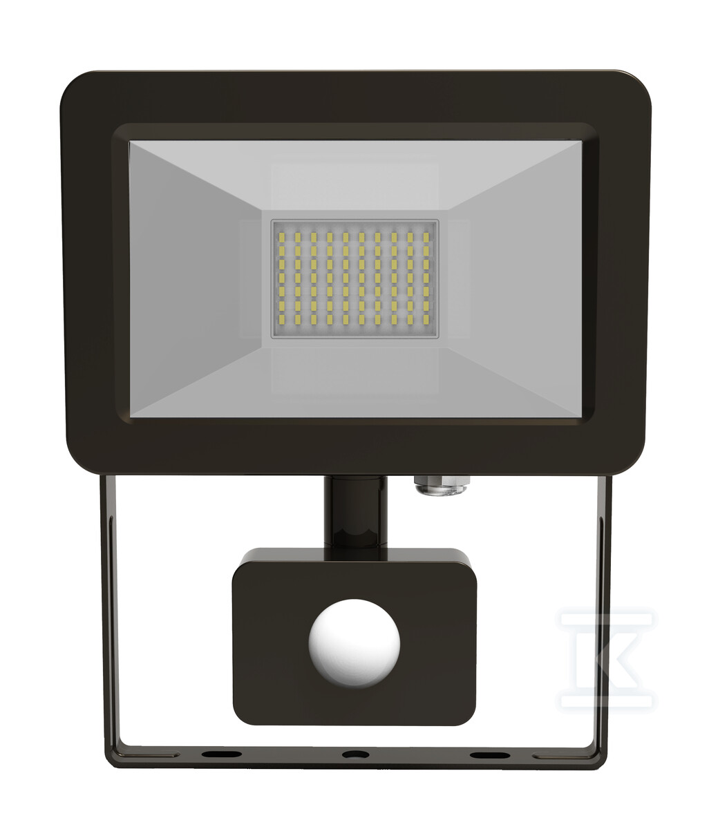 Naświetlacz LED, 224x239x32 IP65 230V 50W 4000lm 4000K czarny z regulowanym czujnikiem ruchu i zmierzchu z przewodem i regilowanym uchwytem montażowym, małe gabaryty, klasa ochronności II OPR-2523