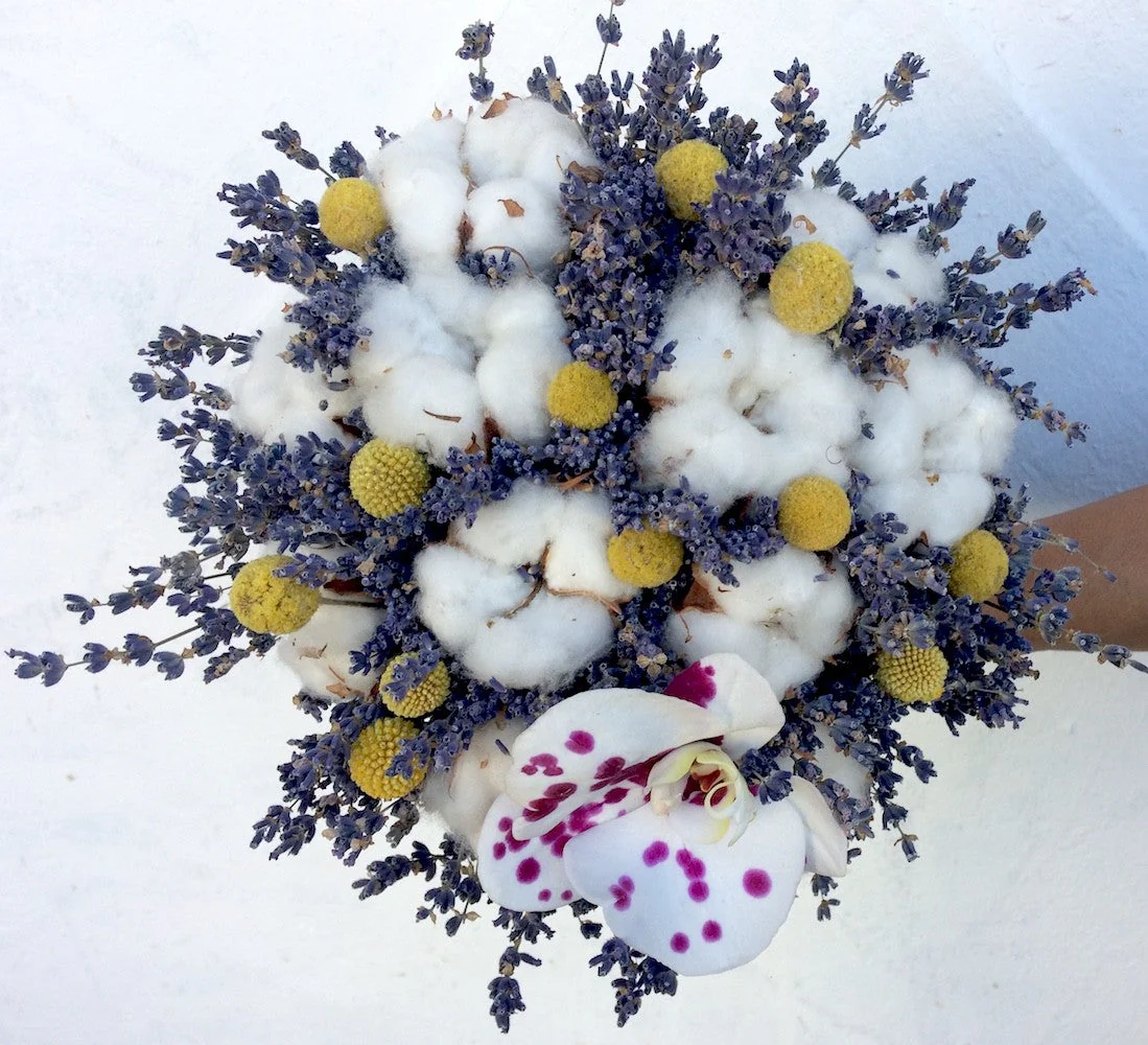 Buchet Rustic – Spice de Grau, Bumbac, Craspedia si Lavanda cu Iuta