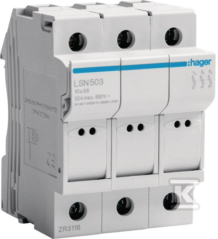 Podstawa bezpiecznikowa modułowa 3P do wkładki bezpiecznikowej cylindrycznej L38 10×38 mm, 32A 690VAC LSN503