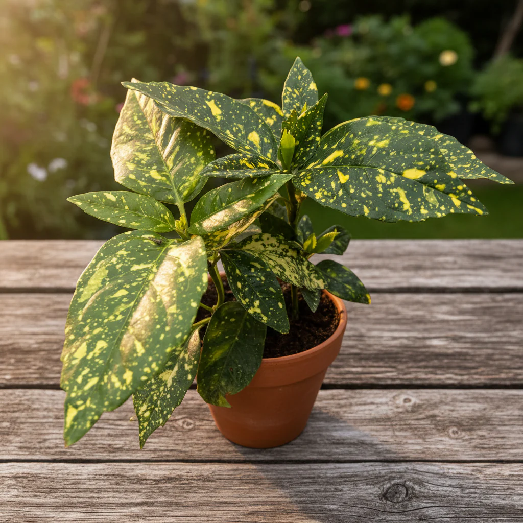 Aucuba japonica 'Crotonifolia’ (Variegata, Spotted Laurel, Pomul de aur)