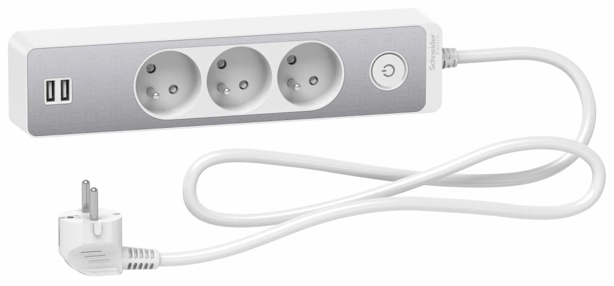 Odace Przedłużacz 3 gniazdowy z łącznikiem 2x USB, 1,5m biały+szczotkowane aluminium ST933U1WA