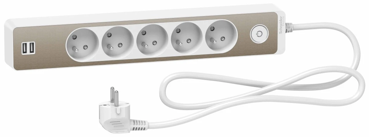 Odace Przedłużacz 5 gniazdowy z łącznikiem 2x USB, 1,5m biały+szczotkowany brąz ST935U1WB