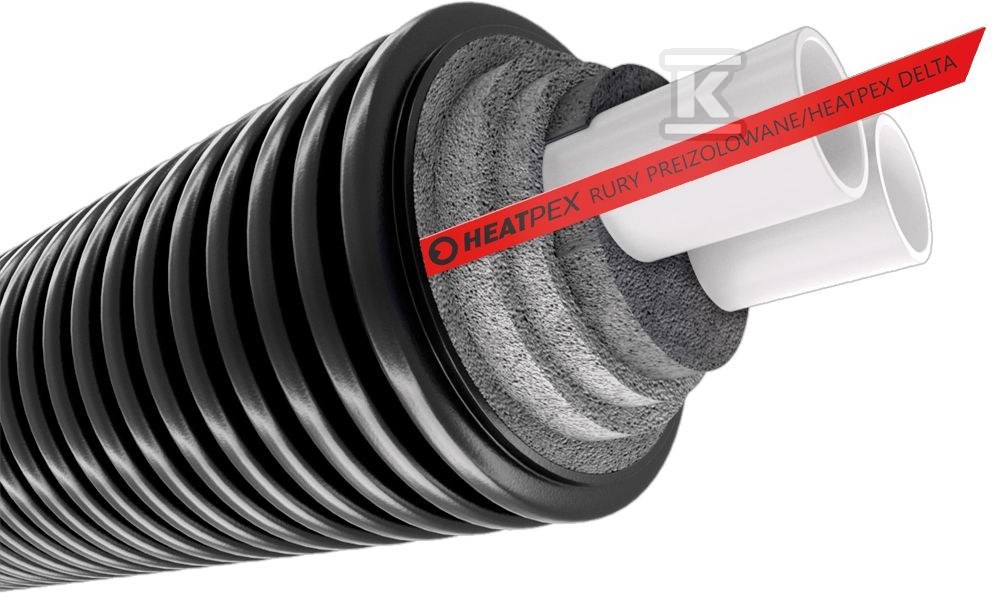 Rura preizolowana podwójna DELTA PEX HEAT DUO 25+25×125, PN6, do instalacji c.o., izolacja cieplna z pianki PE, karbowany płaszcz zewnętrzny HDPE 70612502500W