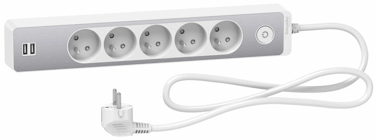 Odace Przedłużacz 5 gniazdowy z łącznikiem 2x USB, 1,5m biały+szczotkowane aluminium ST935U1WA