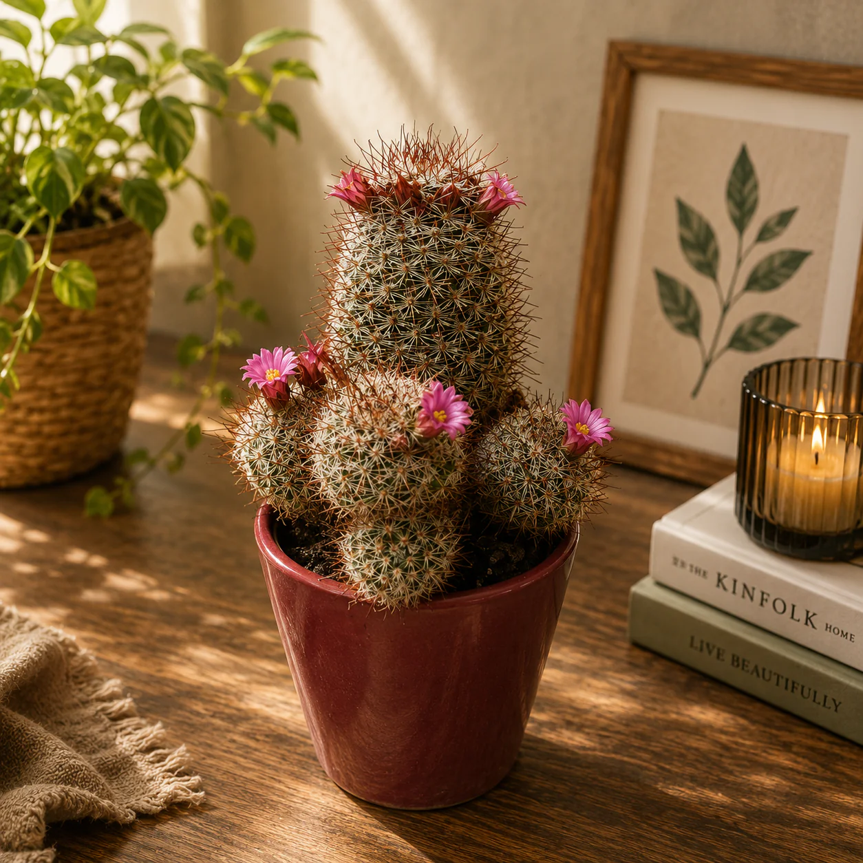 Mammillaria leptacantha – Cactus globular cu spini albi si coroana de flori roz