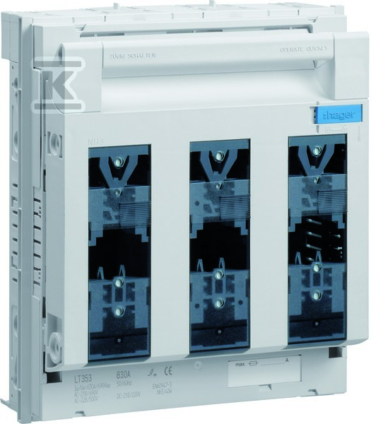 Rozłącznik bezpiecznikowy NH3 3P 630A 690VAC szyny 60 mm zasilanie/odpływ śruba M10 LT353