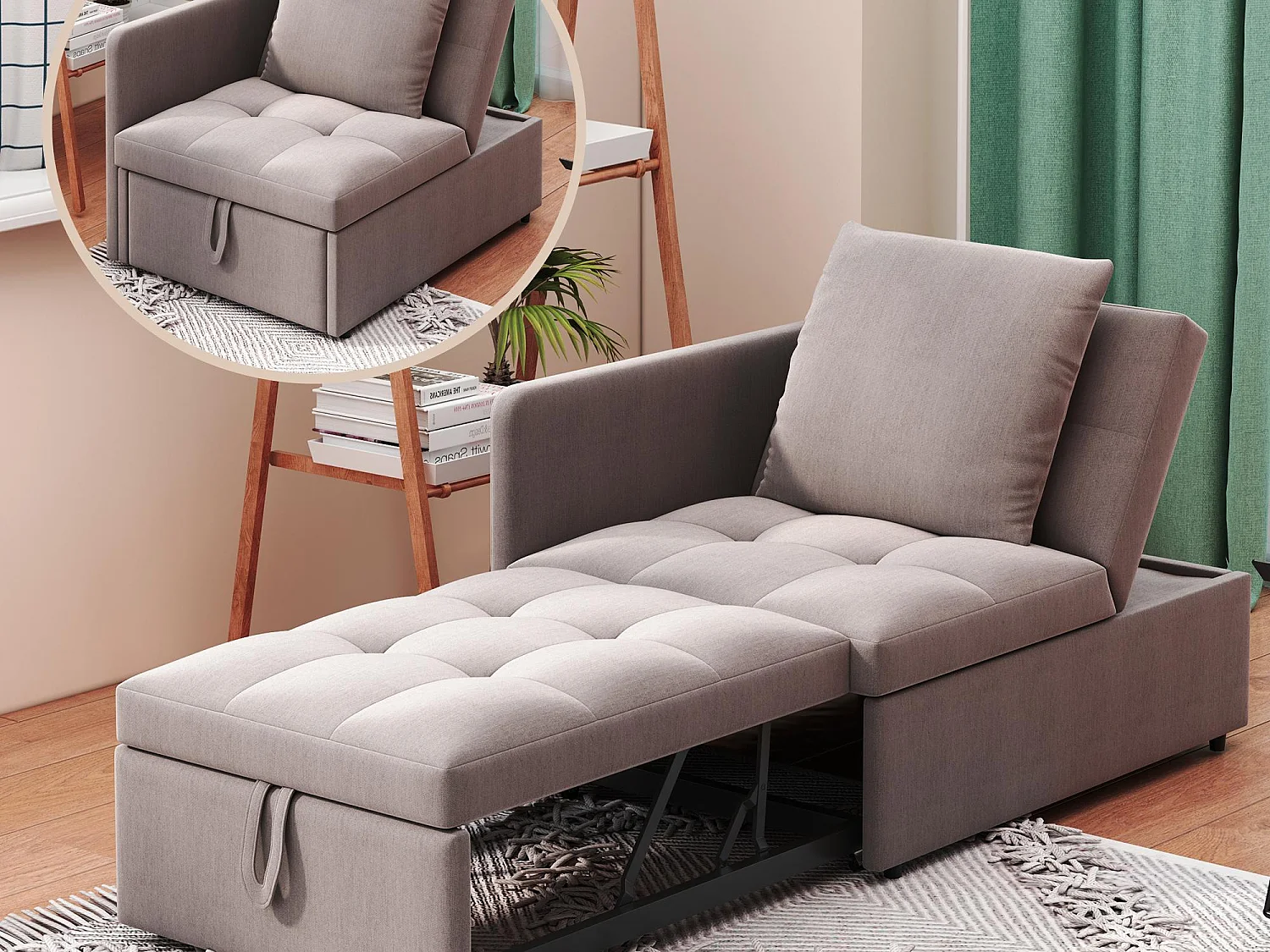 Wygodne sofa z funkcją spania 177x68x65 cm – Wielofunkcyjna sofa 3 w 1 – Len – Regulowane oparcie – Szary 4066941