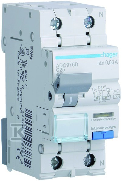 Wyłącznik różnicowoprądowy z członem nadprądowym 1P+N 6kA C 25A/30mA Typ AC ADC975D