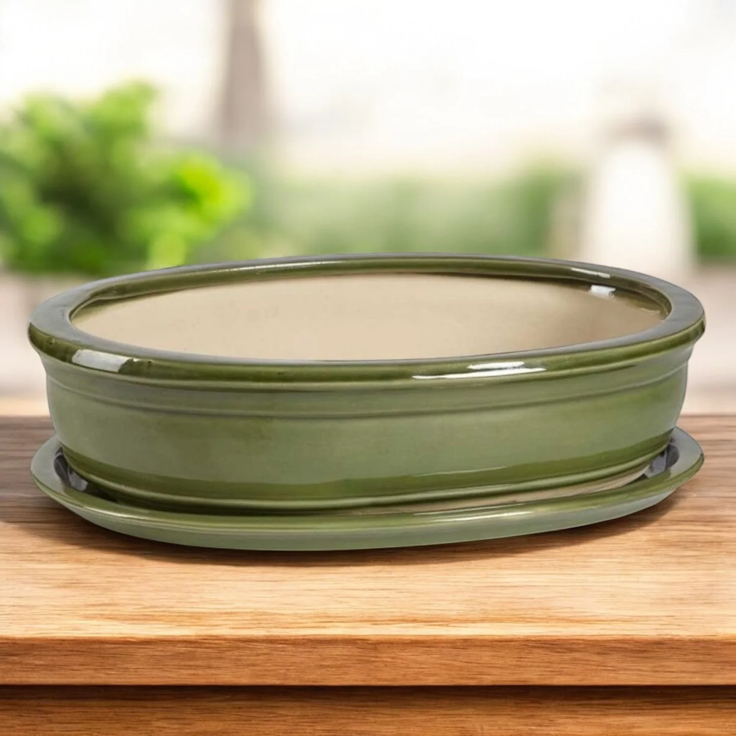 Ghiveci traditional oval bonsai verde (cu farfurie) D19cm
