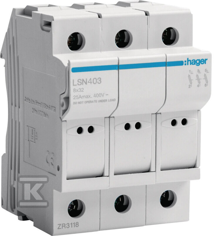 Podstawa bezpiecznikowa modułowa 3P do wkładki bezpiecznikowej cylindrycznej L32 8X32 mm, 25A 400VAC LSN403