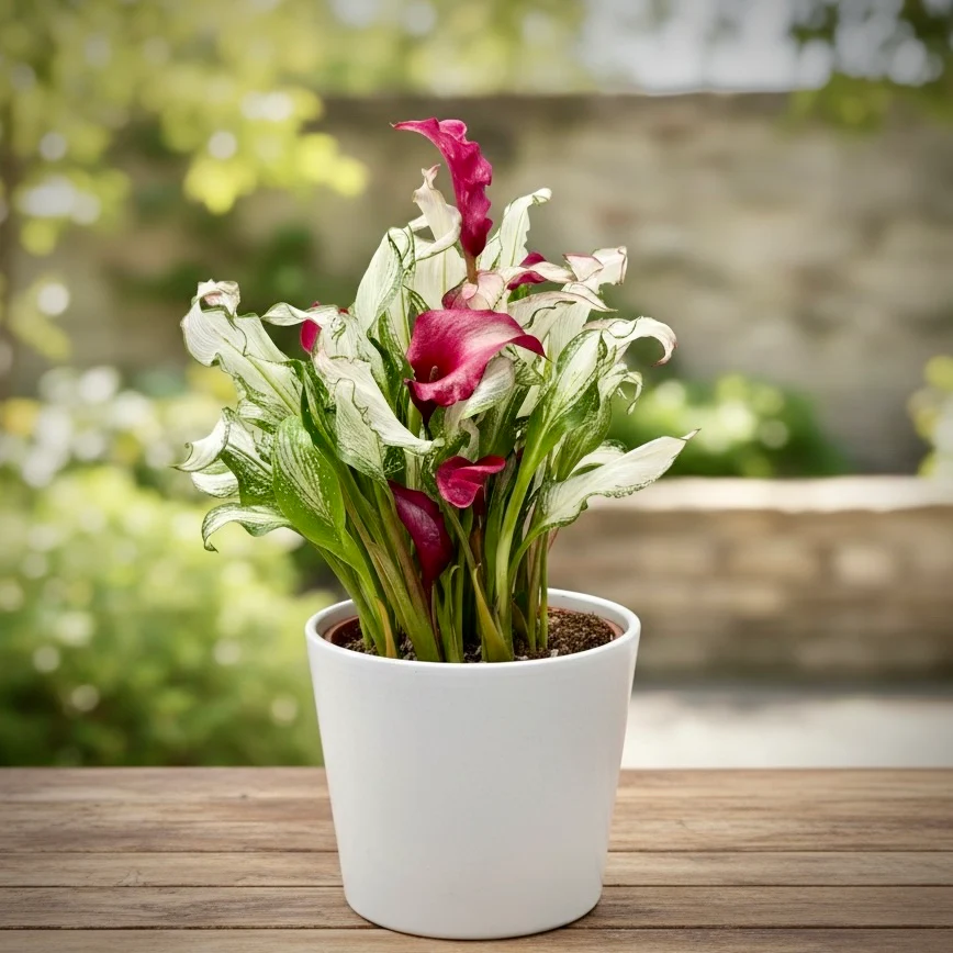 Zantedeschia 'Frozen Queen’ – cala decorativa cu flori burgundy si frunzis variegat
