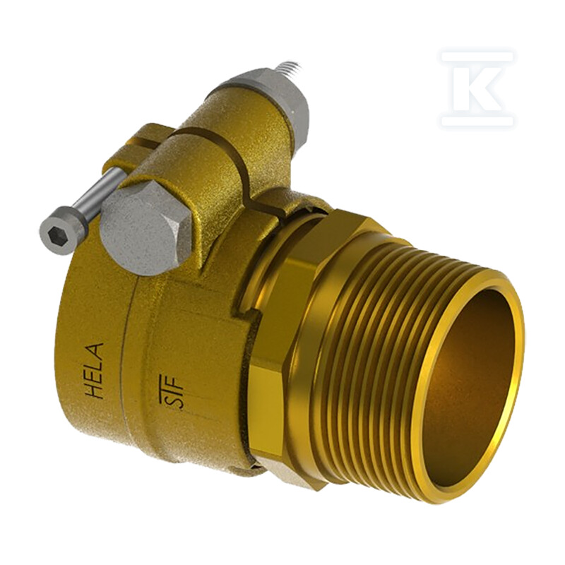 Złączka mosiężna przejściowa HELA-H 140×12.7mm-GZ5″ PN6, do rur preizolowanych Pex/PE, oznaczenie: H 140 125-6 60614000400T