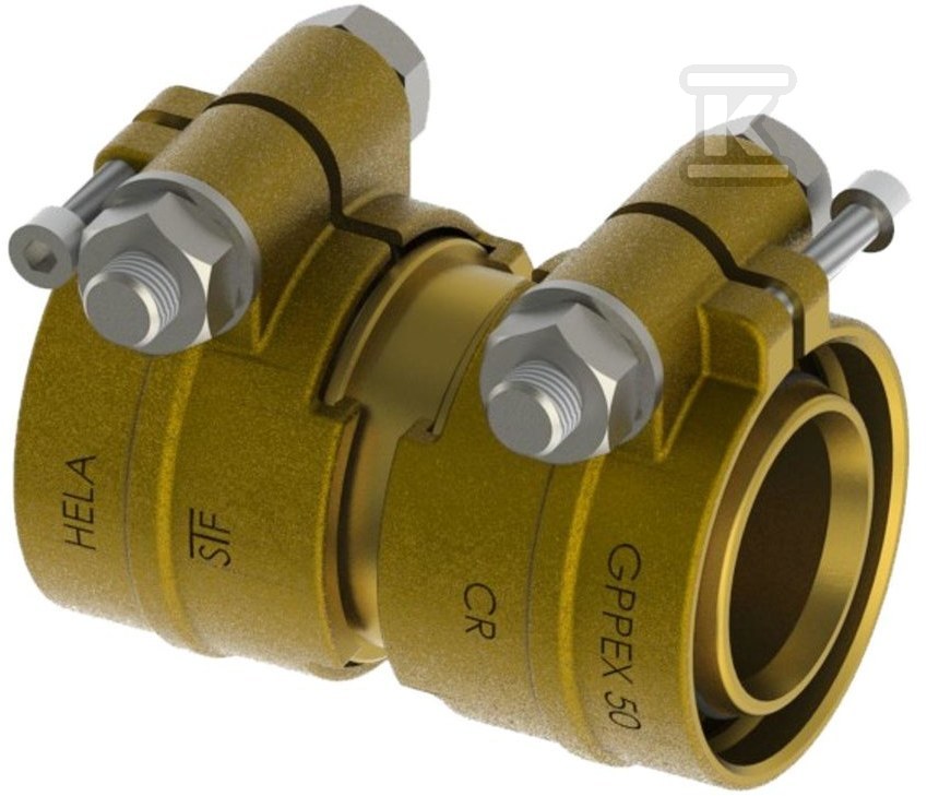 Złączka mosiężna prosta HELA-S 160×14.6mm PN6 ze złączkami zaciskowymi typu H na przelocie, do rur preizolowanych Pex/PE, oznaczenie: S 160-6 62616000600T